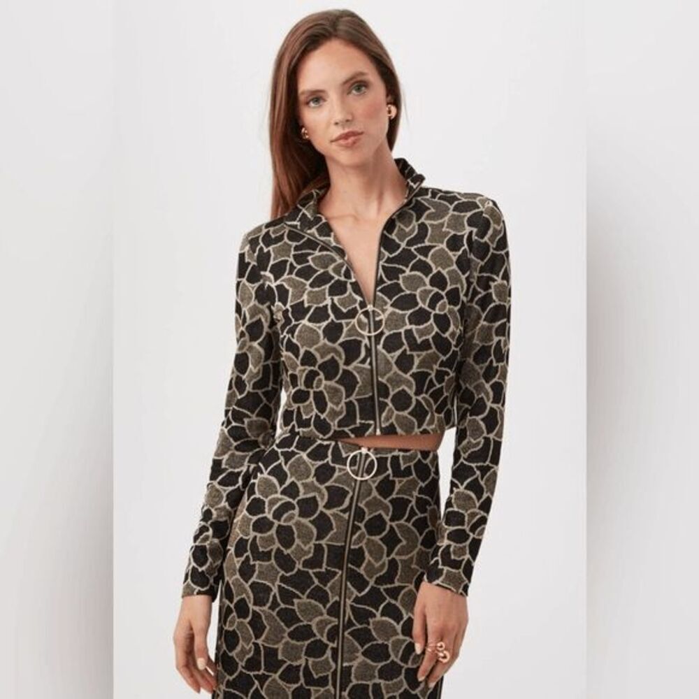 NWT TRINA TURK Frosty Meadows Cropped Knit Jacquard Zip-Front Top - Size 10